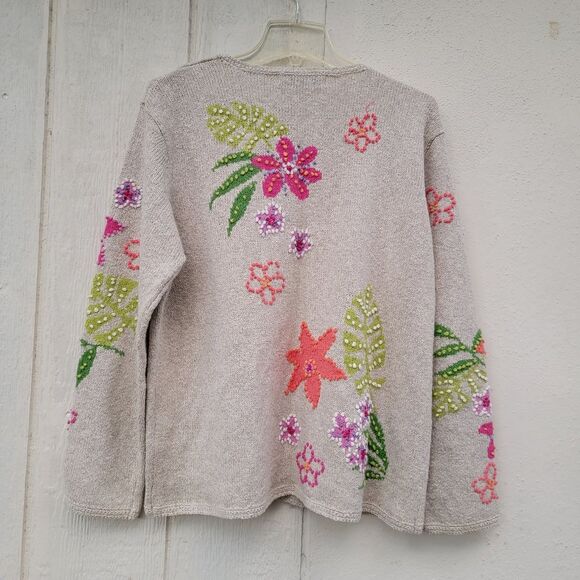 David Brooks cardigan sweater wmns  tan multi col floral embroidered cottagecore - Picture 2 of 4